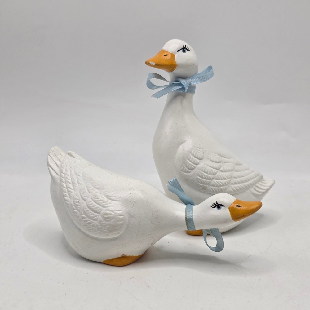 Vintage Ceramic Goose Figurine Set White Goose Blue Ribbon Bow Cottagecore Decor